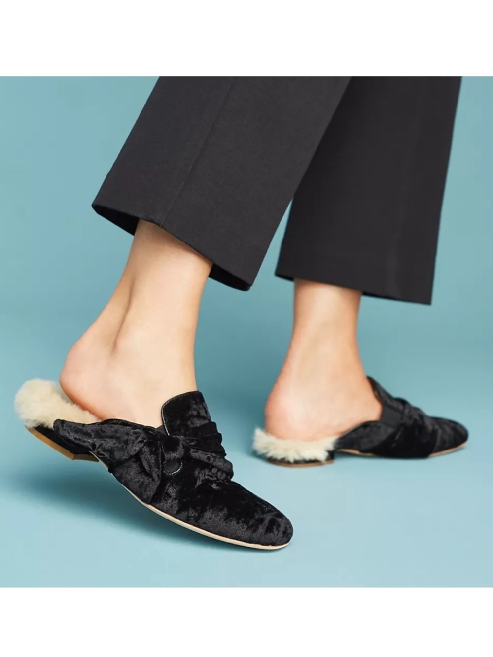Bill Blass Black Velvet Laverne Shearling Lined Slip On Mules